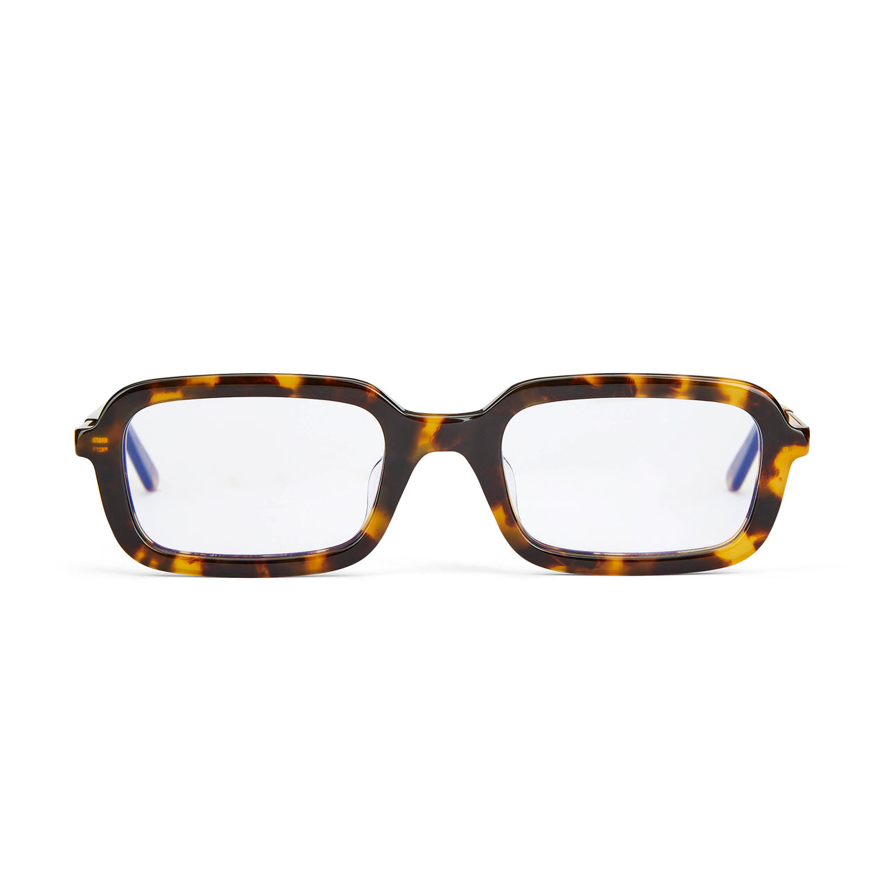 A pair of eyeglasses with a tortoiseshell pattern frame and clear lenses, featuring a Y2K inspired design with a slim rectangle frame.