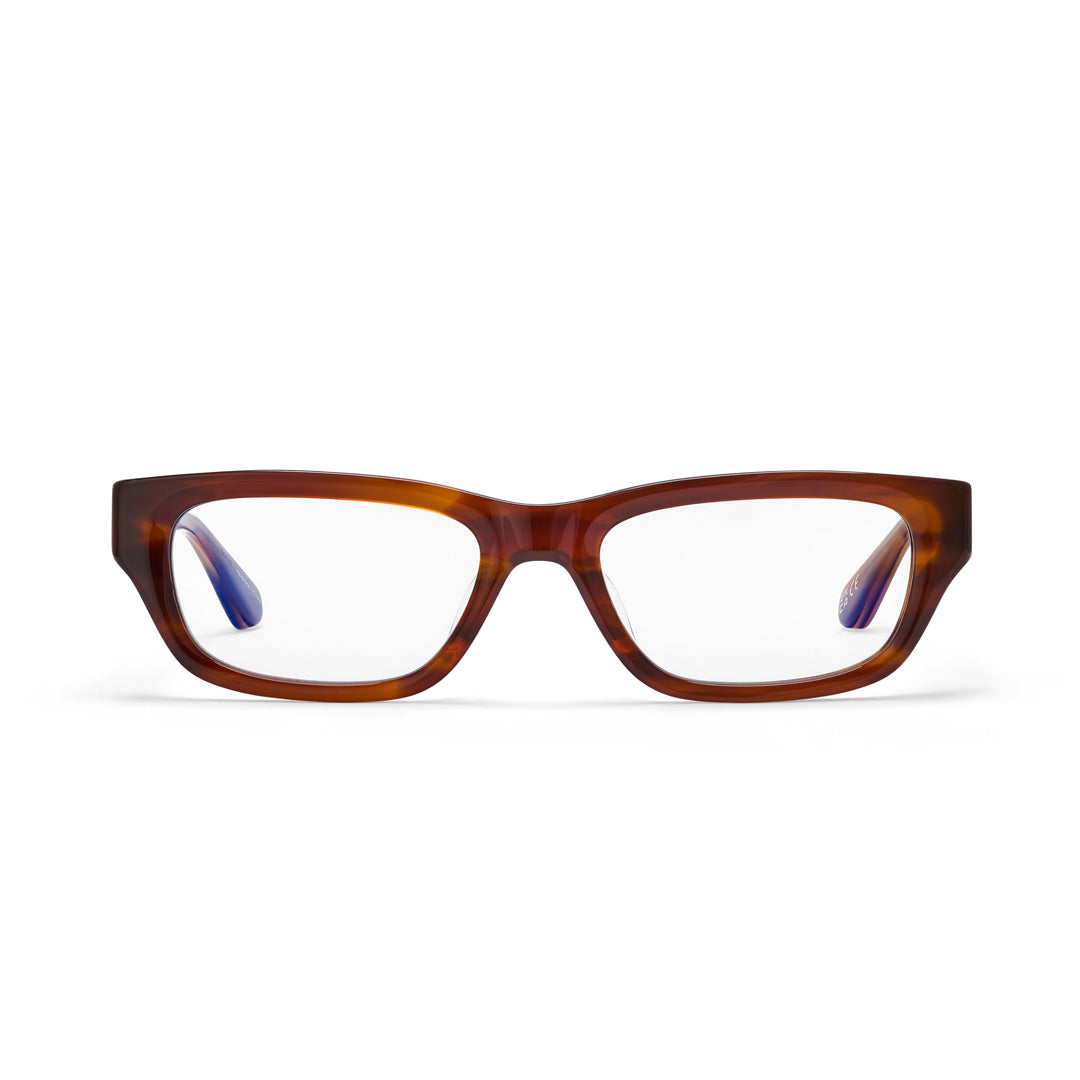 Dove Caramel Clear blue light lens slim glasses against a white backdrop