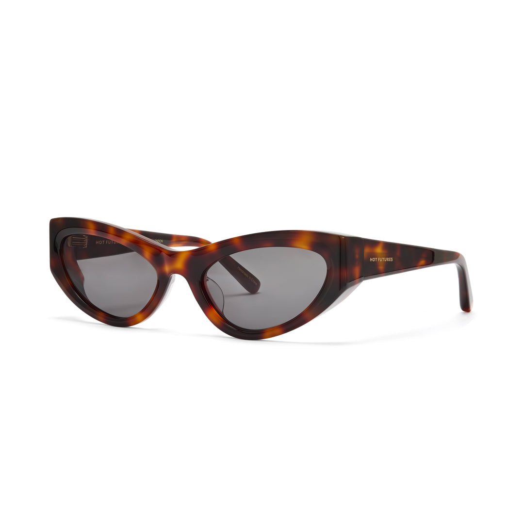 Hot Futures Storm Sunglasses in dark brown tortoiseshell with dark full UV protected lenses on a white backdrop