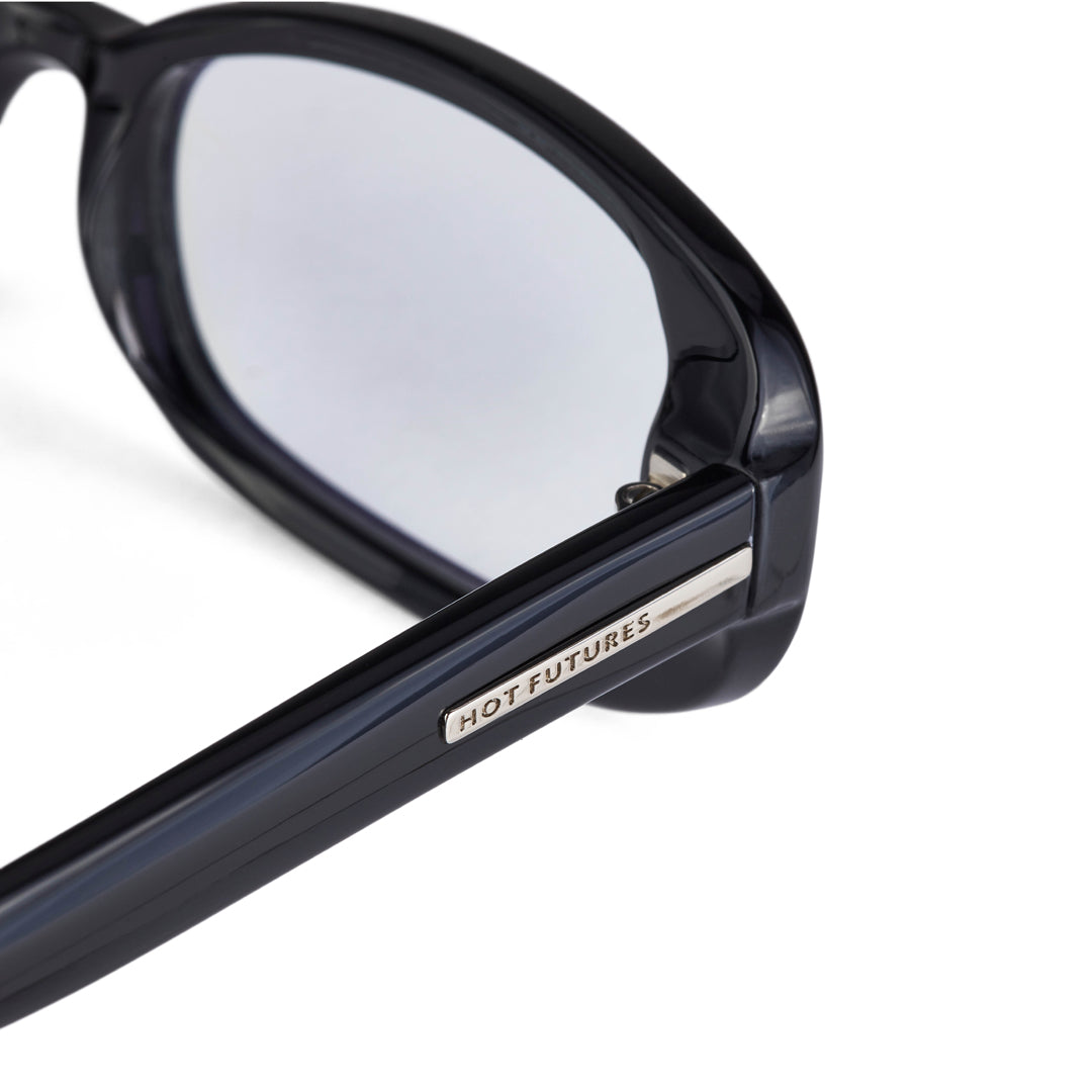Hot Futures Aurora Black clear glasses close up shot showing branding on the arms of the glasses