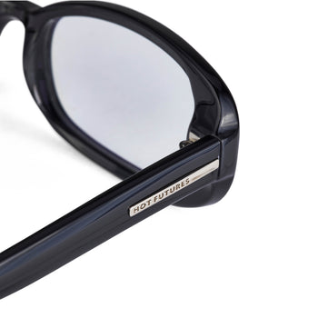 Hot Futures Aurora Black clear glasses close up shot showing branding on the arms of the glasses