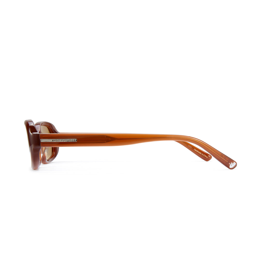 The arms of the sunglasses shot against a white background, showing their brown colour, with the Hot Futures minimal branding and the iconic Hot Futures flame on the ends