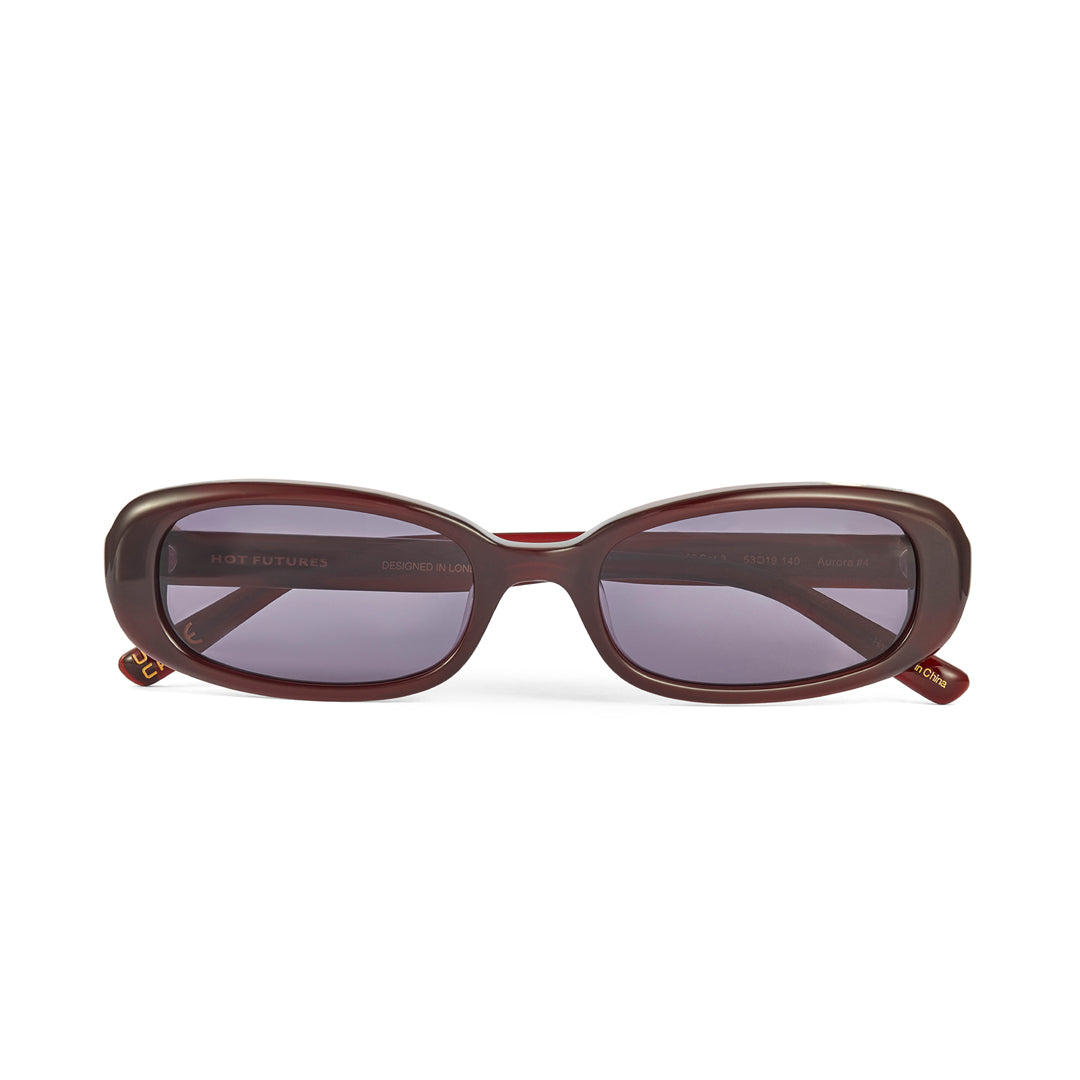 The Hot Futures Aurora Cherry Red Sunglasses folded and shot from the front showing the full frame and lens