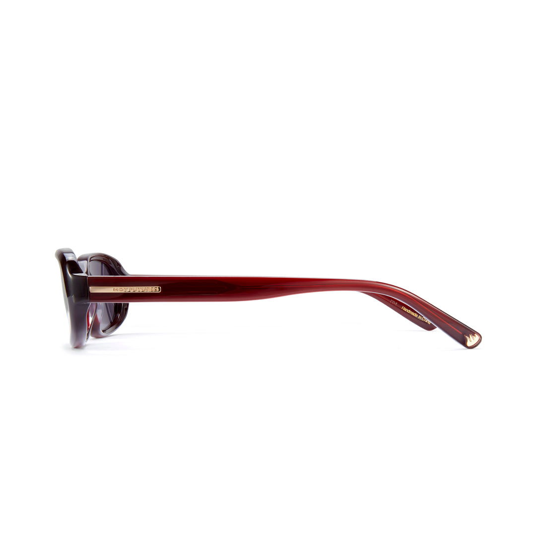 Aurora Cherry Sunglasses from the side showing the arms of the glasses, with the gold minimal Hot Futures Logo branding & the iconic gold flame at the end of the arm