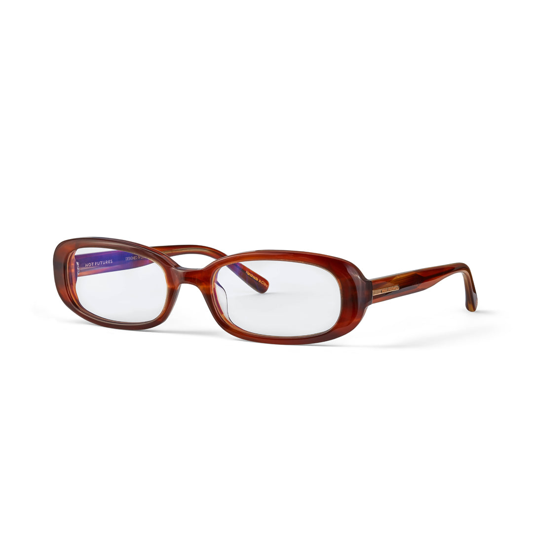Hot Futures Aurora Eco Caramel Clear Prescription Glasses Shot from the side