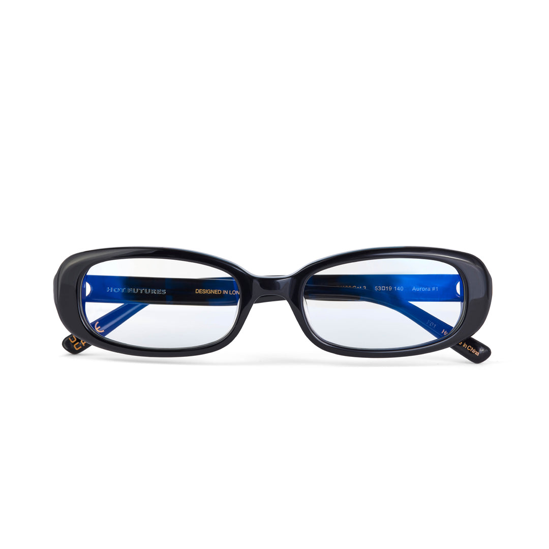 Hot Futures Aurora Gloss Black Clear Glasses flat lay image showing the glasses folded up against a white background