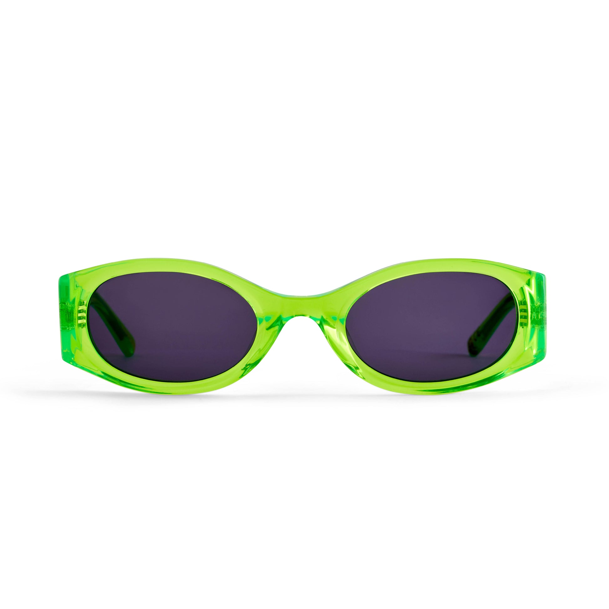 Neon Green sunglasses with dark smoky lenses on a white background