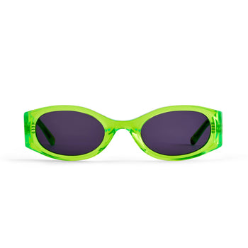 Neon Green sunglasses with dark smoky lenses on a white background