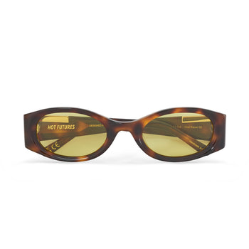Sunglasses with tortoiseshell frame and yellow lenses on a white background