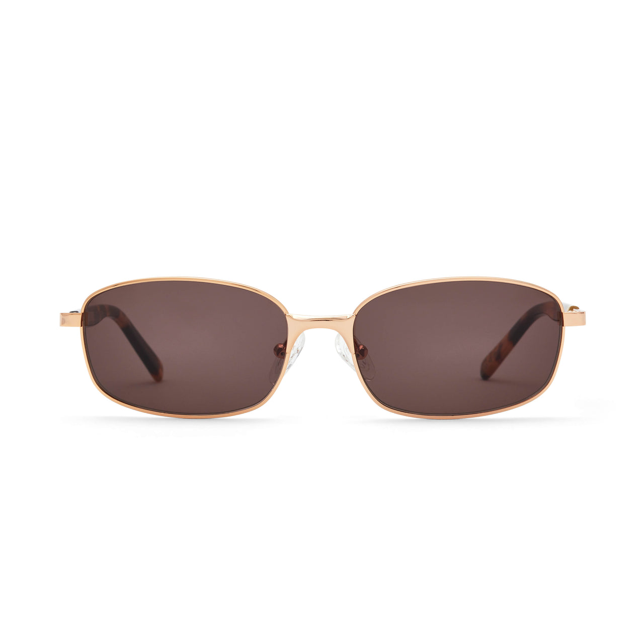 Sunglasses with gold frame and brown lenses on a white background