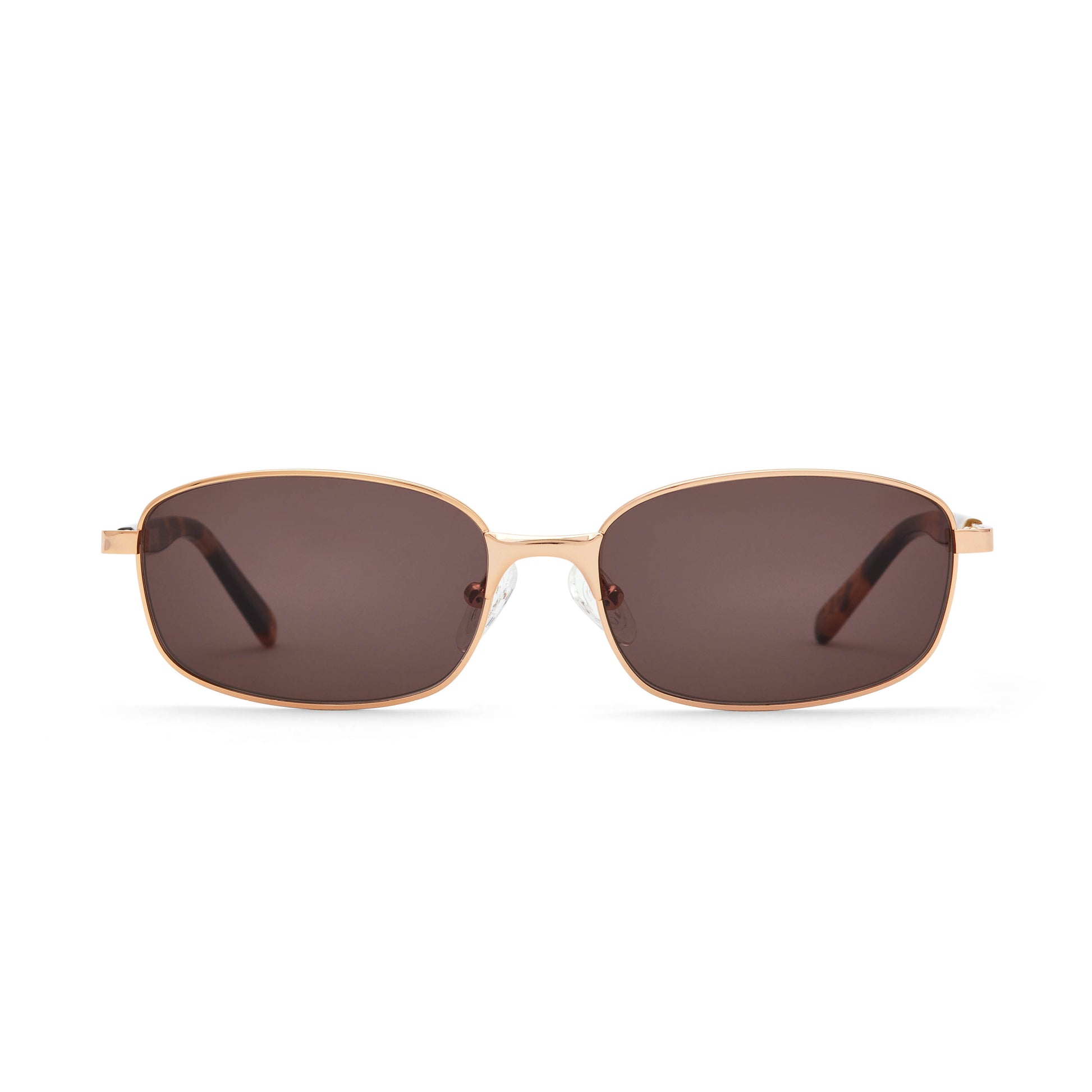 Sunglasses with gold frame and brown lenses on a white background