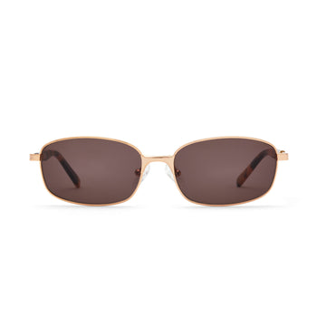 Sunglasses with gold frame and brown lenses on a white background