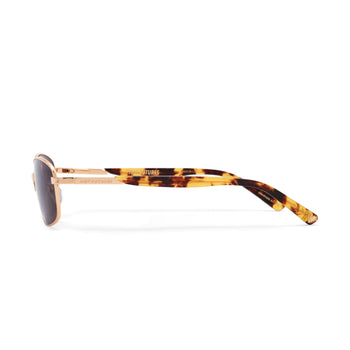 Sunglasses with tortoiseshell frame and dark lenses on a white background