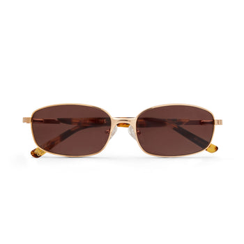Gold-framed sunglasses with brown lenses on a white background