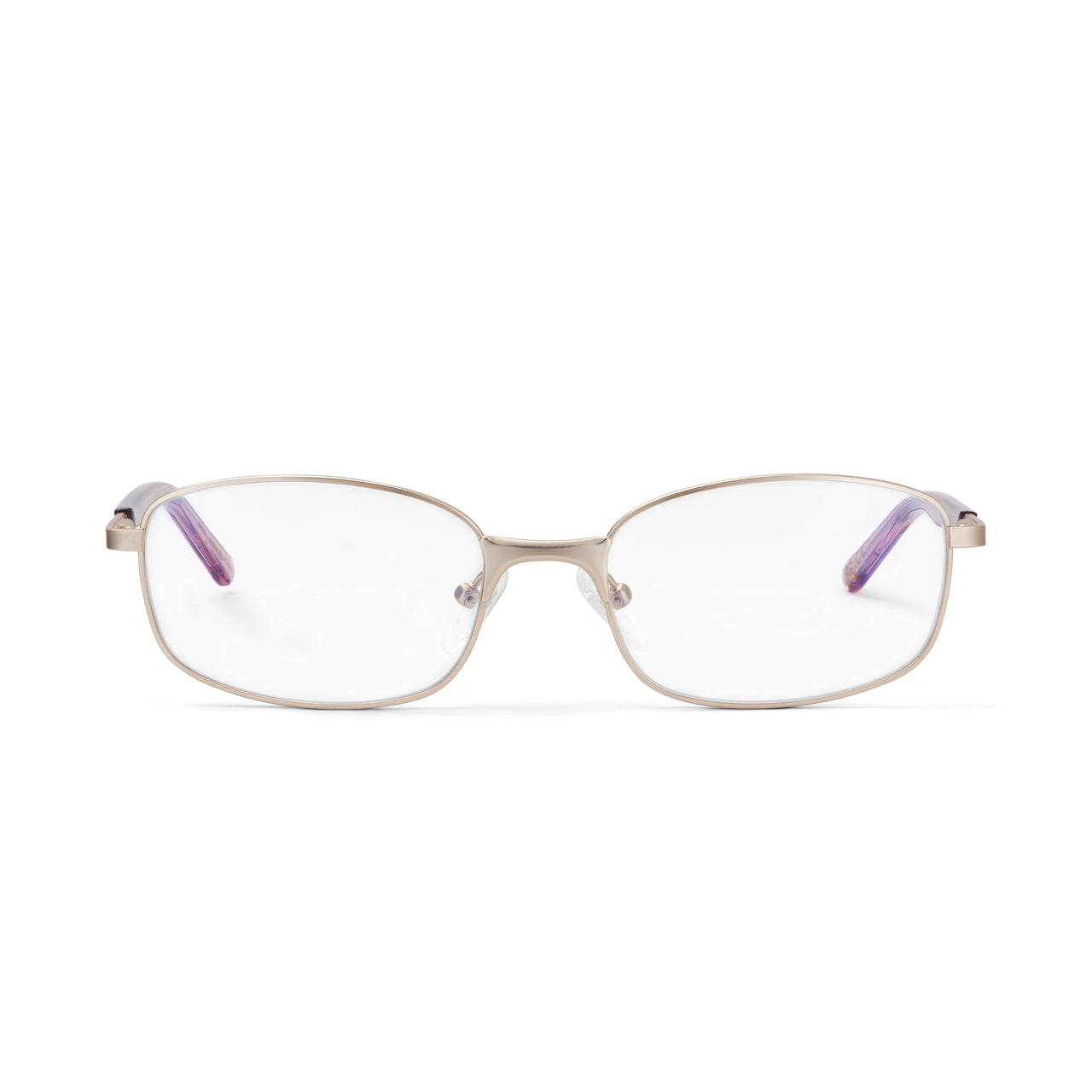 A pair of gold full frame metal eyeglasses with clear lenses and purple details on the temples.