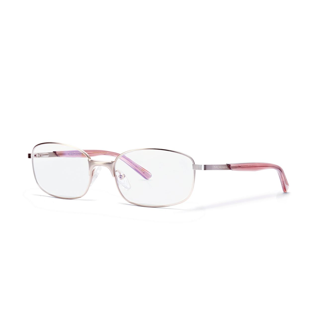 A pair of gold full frame metal eyeglasses with clear lenses and purple details on the temples.