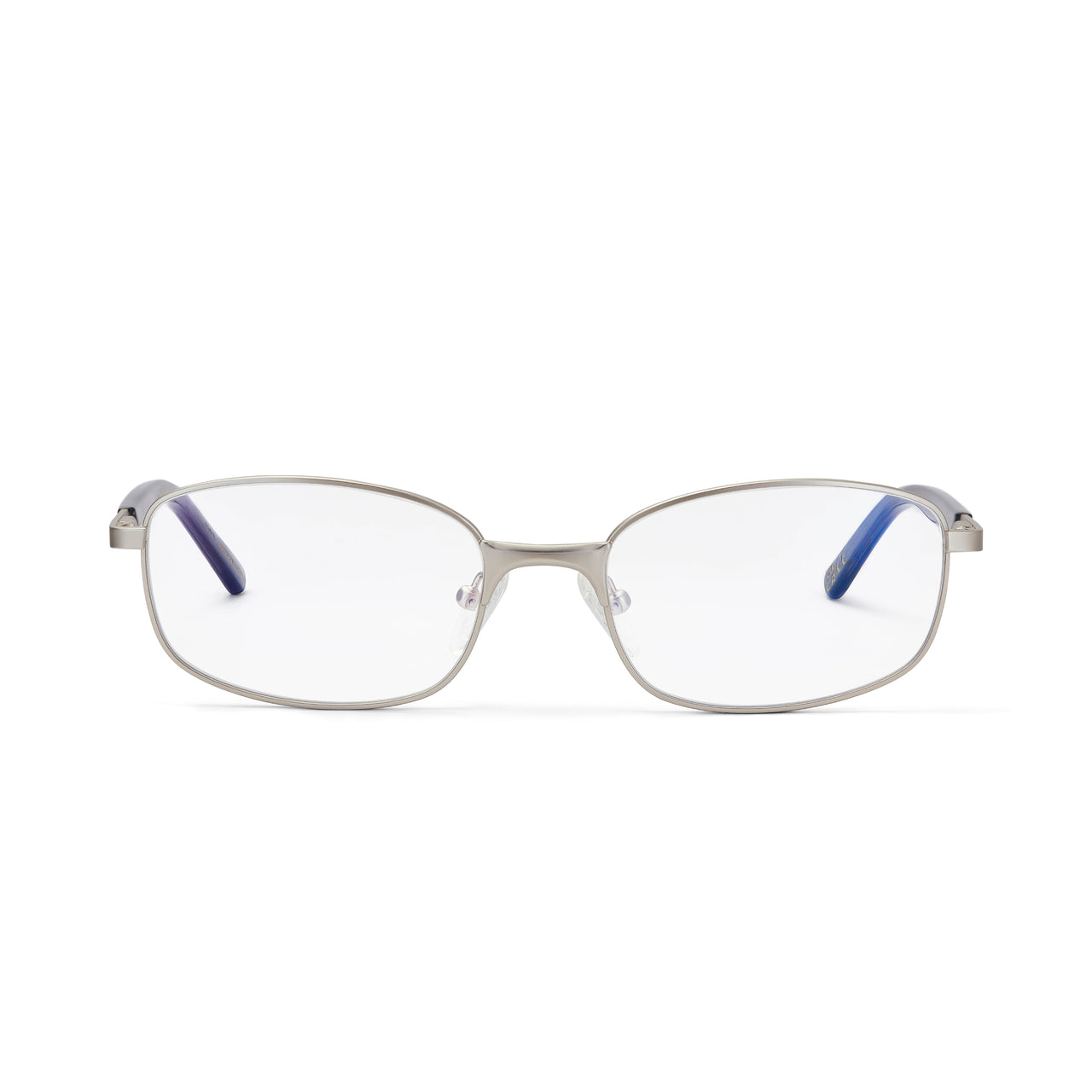 A pair of matte silver framed eyeglasses with clear lenses, featuring blue temples.