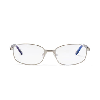 A pair of matte silver framed eyeglasses with clear lenses, featuring blue temples.