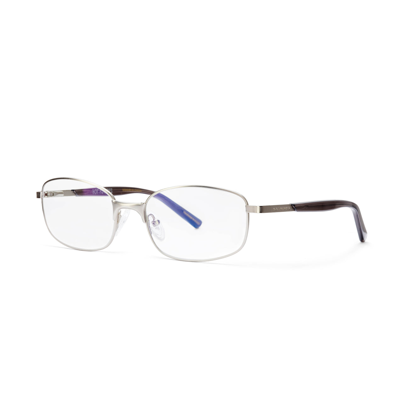A pair of matte silver framed eyeglasses with clear lenses, featuring blue temples.