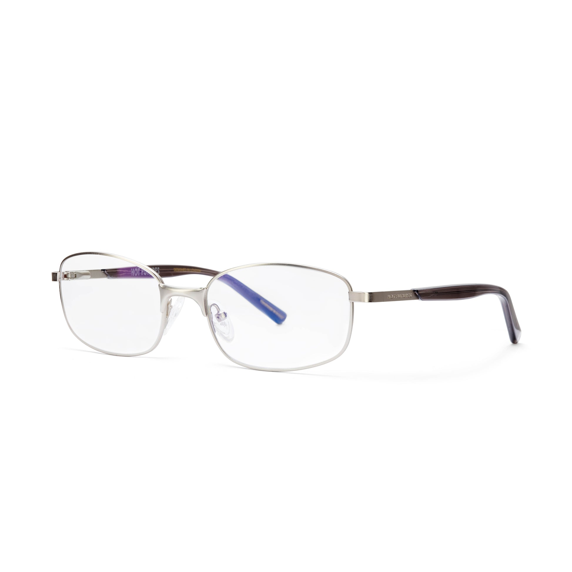 blaze optical glasses with matte silver frame, shot from the side view