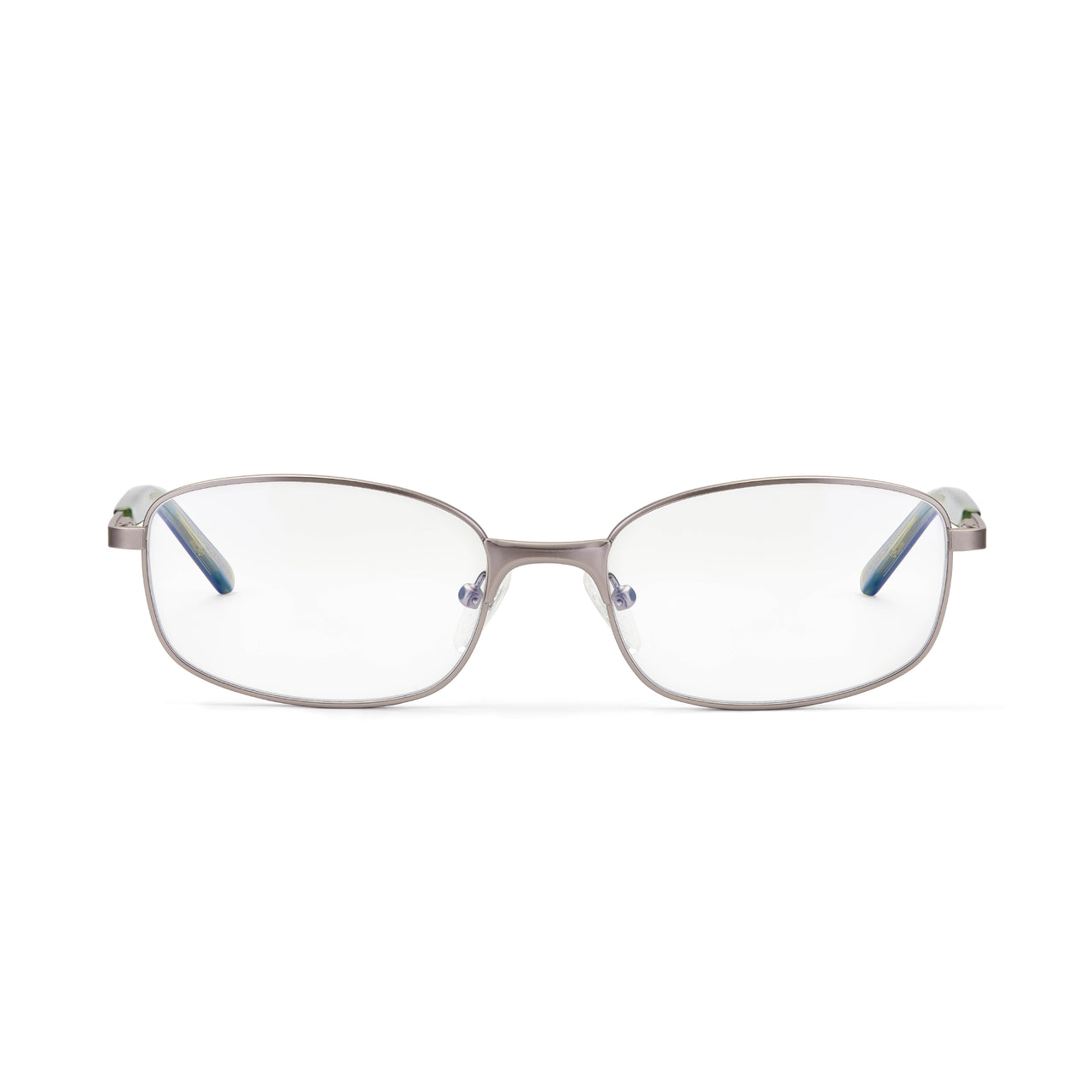 A pair of gunmetal full frame eyeglasses with clear lenses and blue temples.