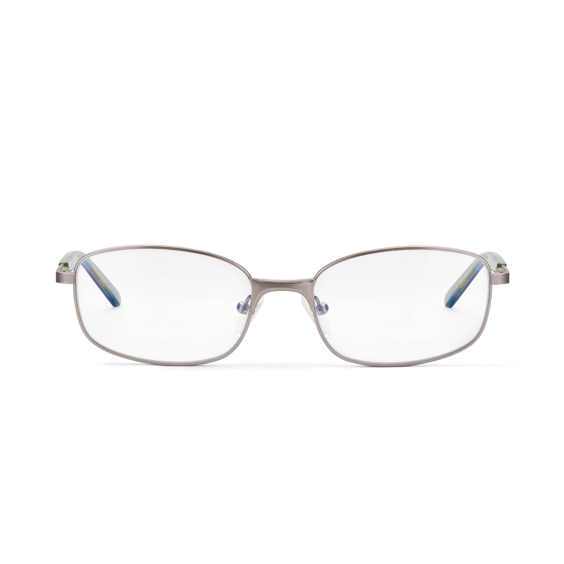 A pair of gunmetal full frame eyeglasses with clear lenses and blue temples.
