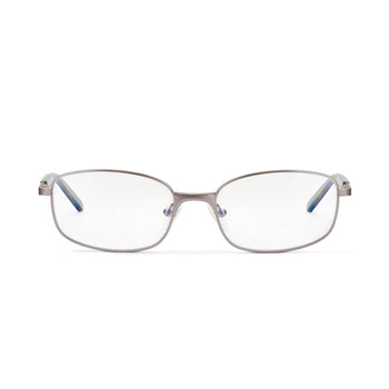 A pair of gunmetal full frame eyeglasses with clear lenses and blue temples.