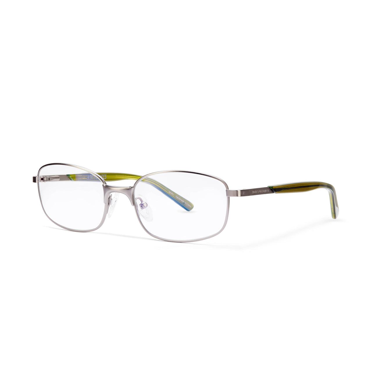 A pair of gunmetal full frame eyeglasses with clear lenses and blue temples.