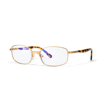 Gold-framed eyeglasses with tortoiseshell accents on a white background
