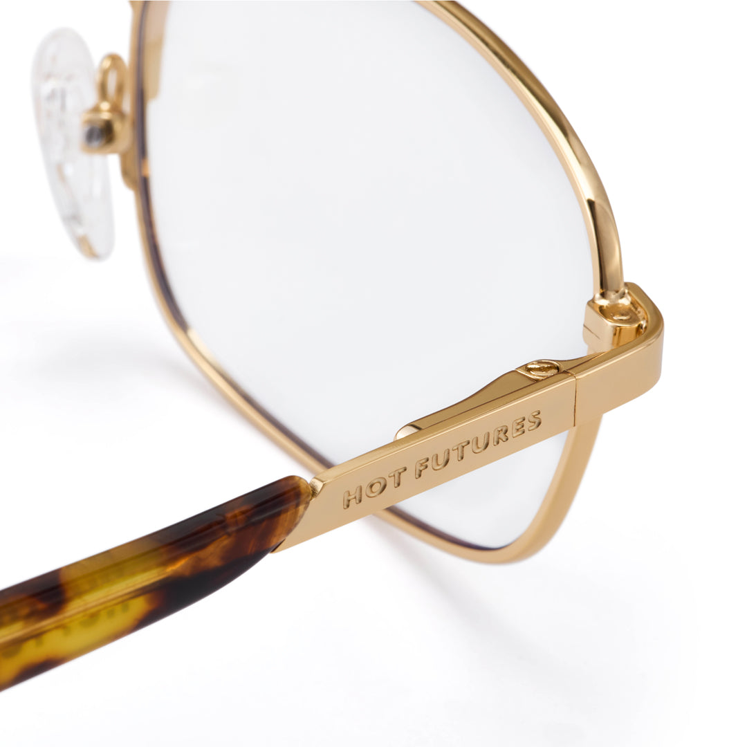 Gold-framed sunglasses with a tortoiseshell arm on a white background, featuring the brand 'Hot Futures'.