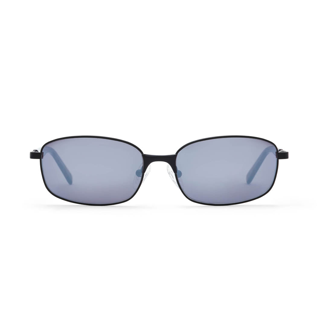 A pair of matte black sunglasses with smoke mirror lenses, semi-wraparound frame, stainless steel construction, displayed against a white background.