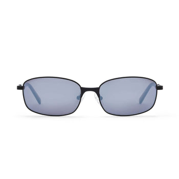 A pair of matte black sunglasses with smoke mirror lenses, semi-wraparound frame, stainless steel construction, displayed against a white background.