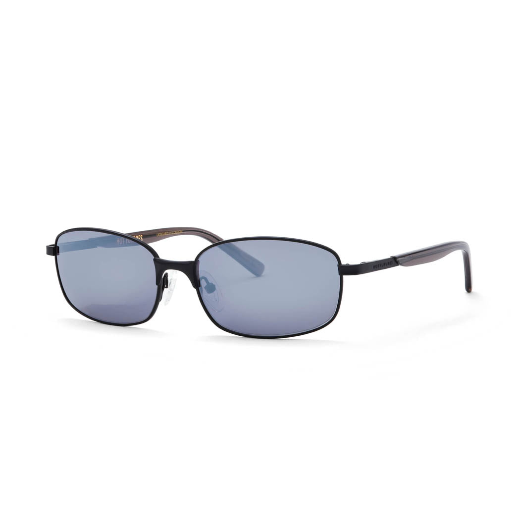 The Hot Futures Blaze Semi wraparound sunglasses in matt black with mirror smoke lens shot against a white background
