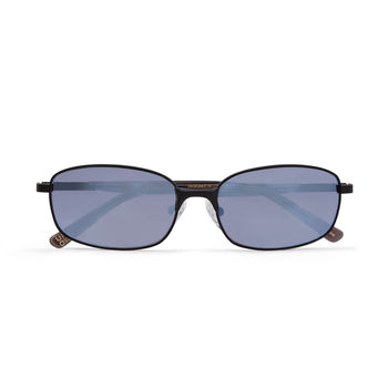 Front facing flat laid image fo the blaze sunglasses in matt black and mirror lens. Shot against a white background