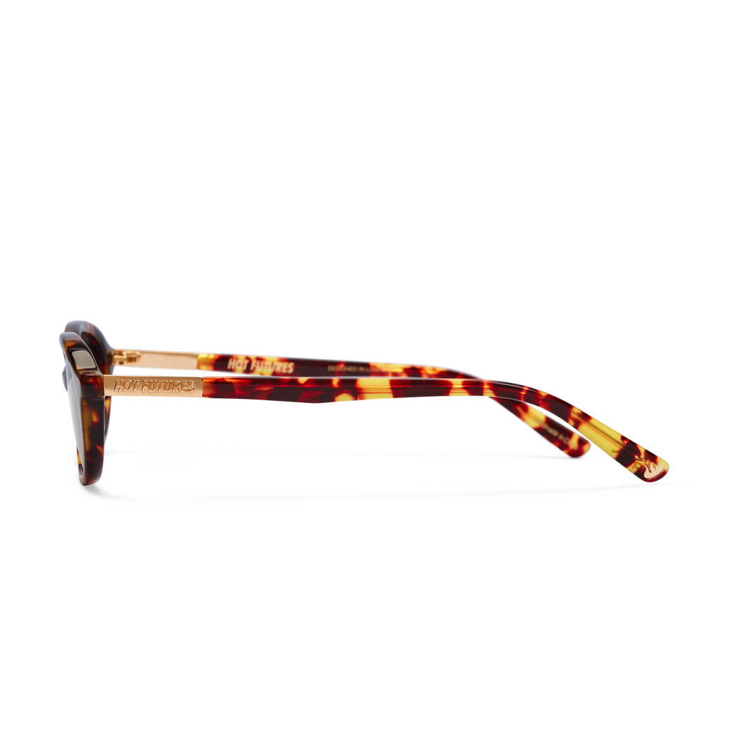 Side shot fo the Cupid Tortoiseshell Sunglasses with the gold Hot Futures branding on the arms. 