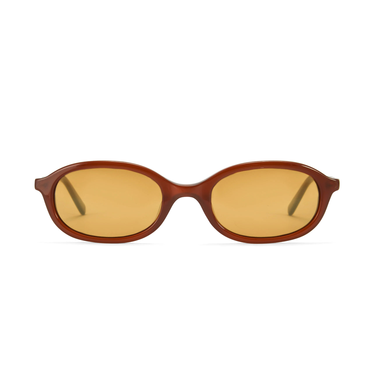 A pair of brown elliptical sunglasses with gold tinted lenses and integrated alloy hinges.