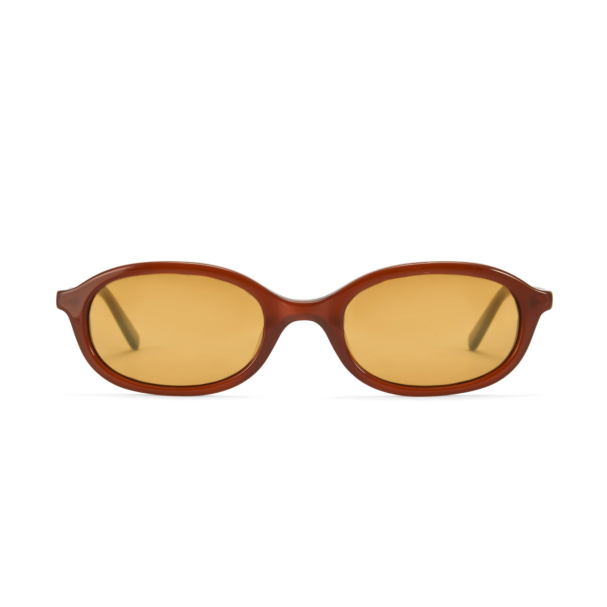 A pair of brown elliptical sunglasses with gold tinted lenses and integrated alloy hinges.