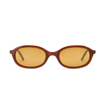 A pair of brown elliptical sunglasses with gold tinted lenses and integrated alloy hinges.