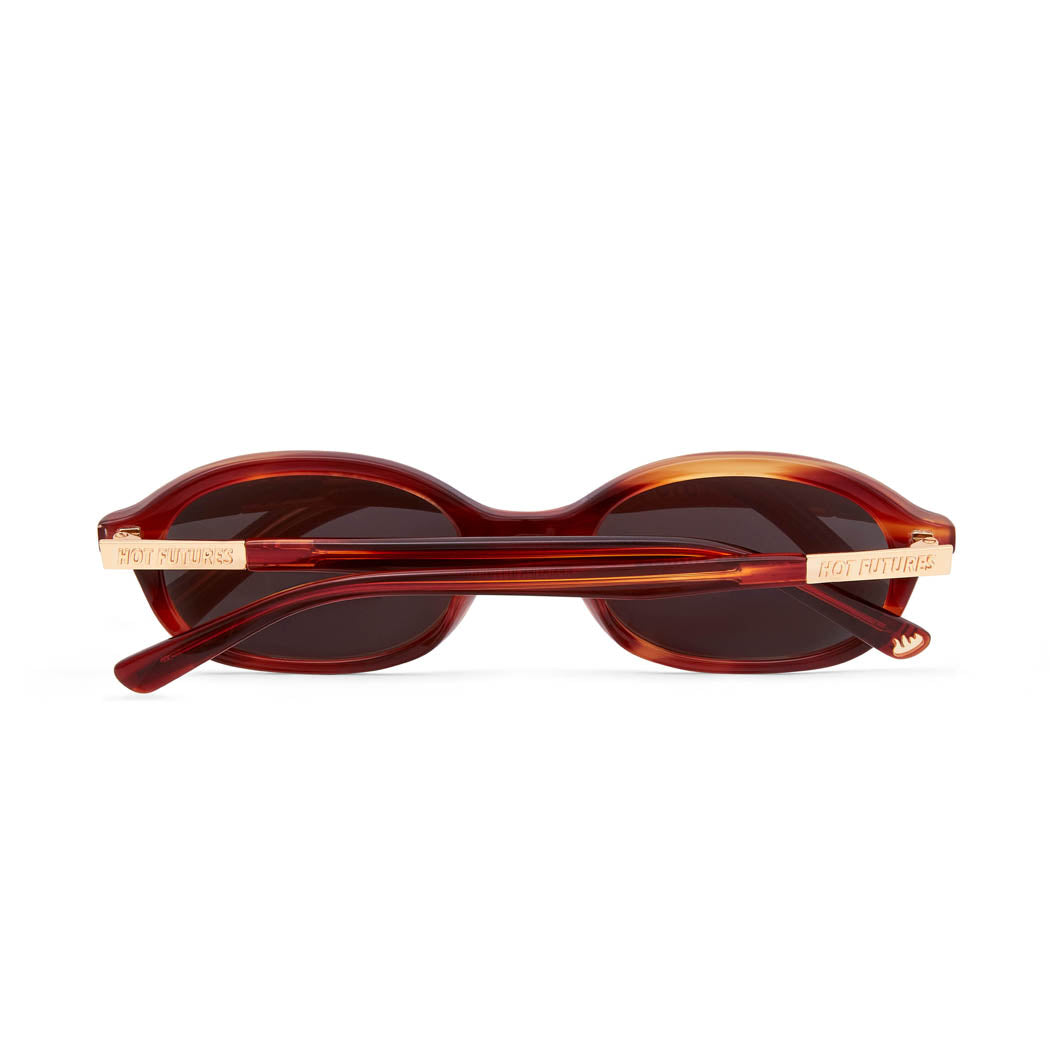 back shot of cupid caramel tortoiseshell brown sunglasses folded against a white background