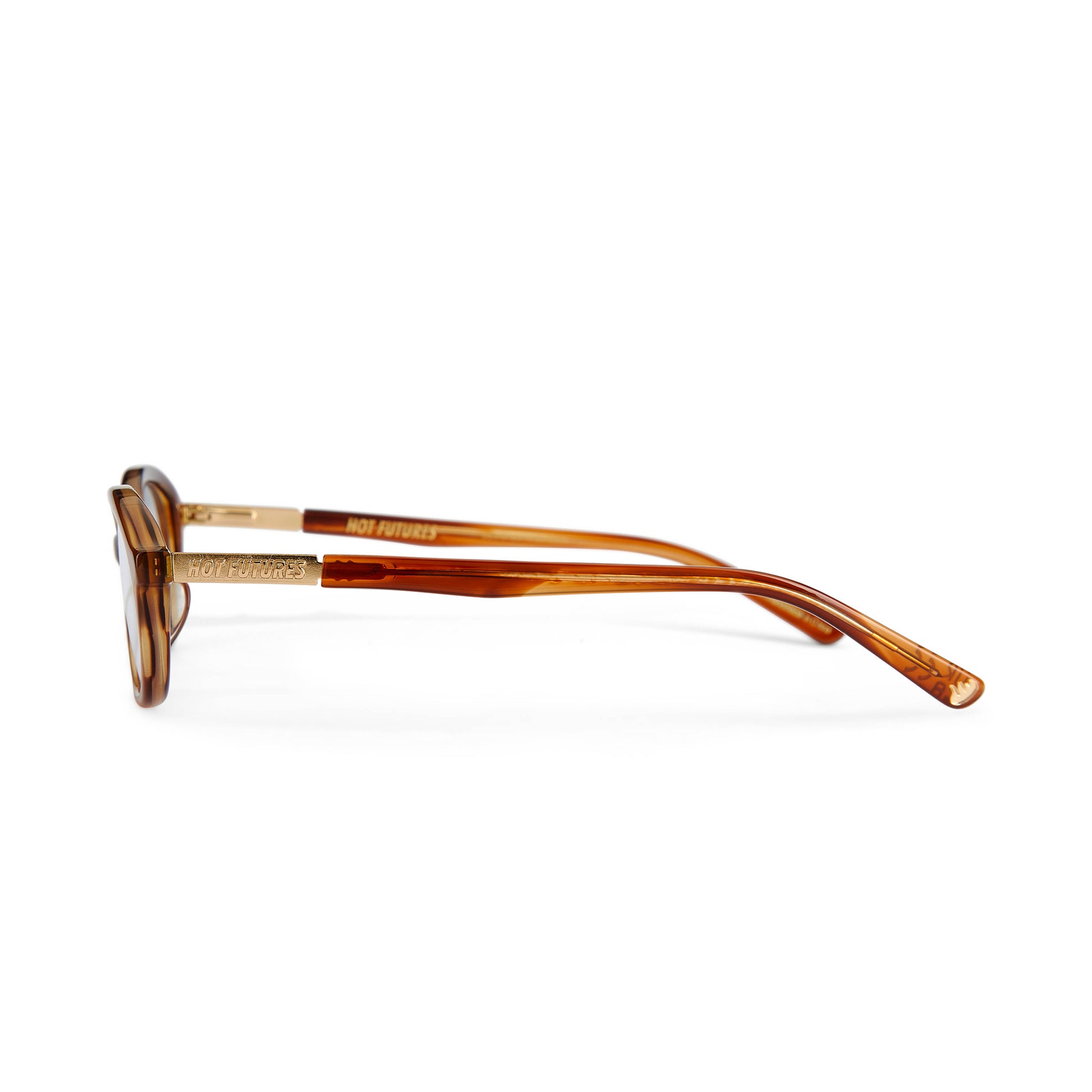 side shot of the cupid caramel glasses with the gold Hot Futures logo branding on the arms
