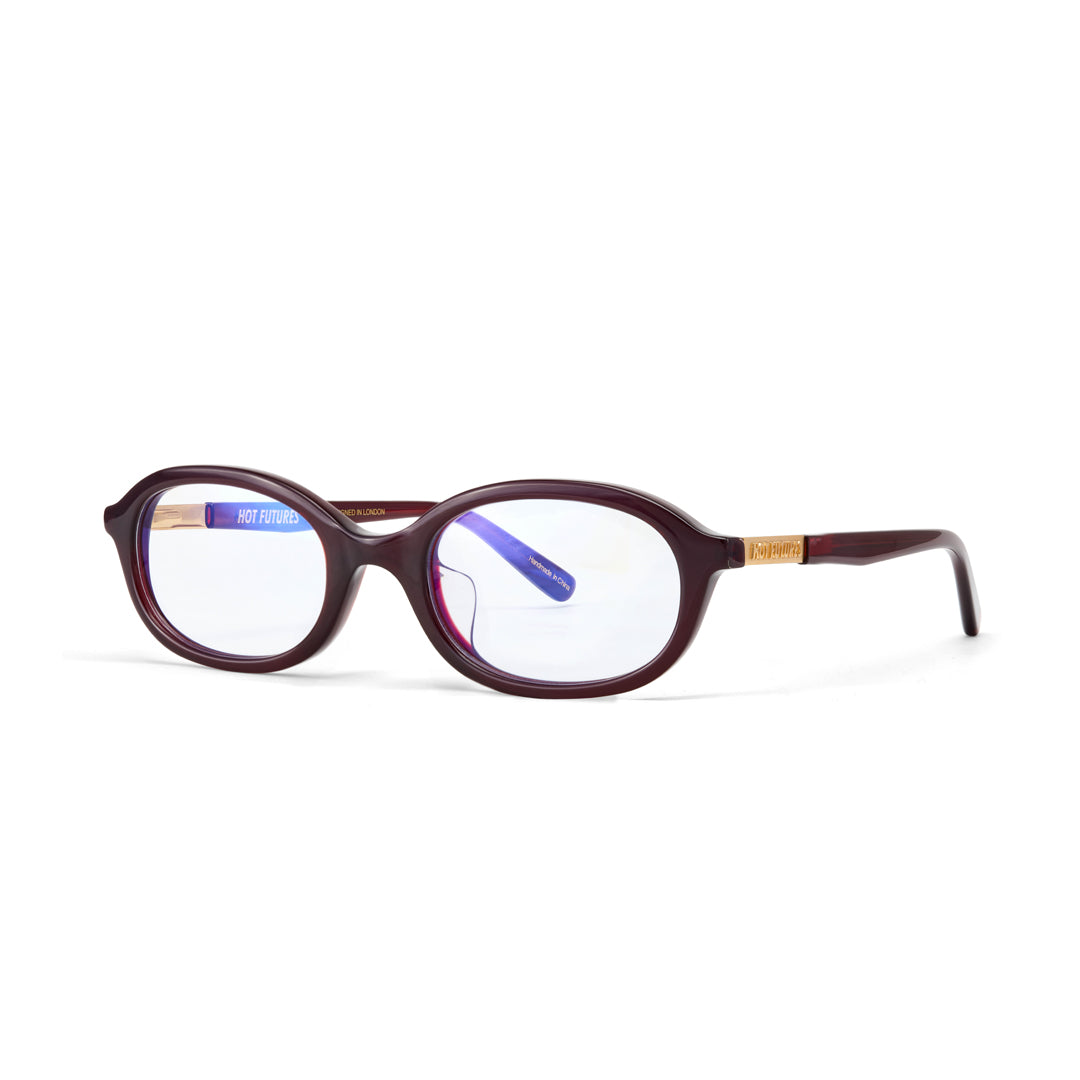 Pair of eyeglasses with a dark rich cherry red frame on a white background