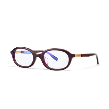 Pair of eyeglasses with a dark rich cherry red frame on a white background