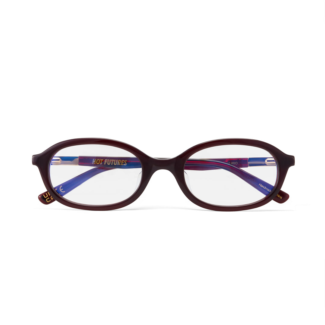 Dark cherry red eyeglasses with a visible brand name on a white background