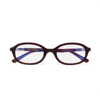 Dark cherry red eyeglasses with a visible brand name on a white background