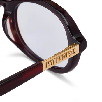 Eyeglasses with a gold frame and 'Hot Futures' branding on a white background