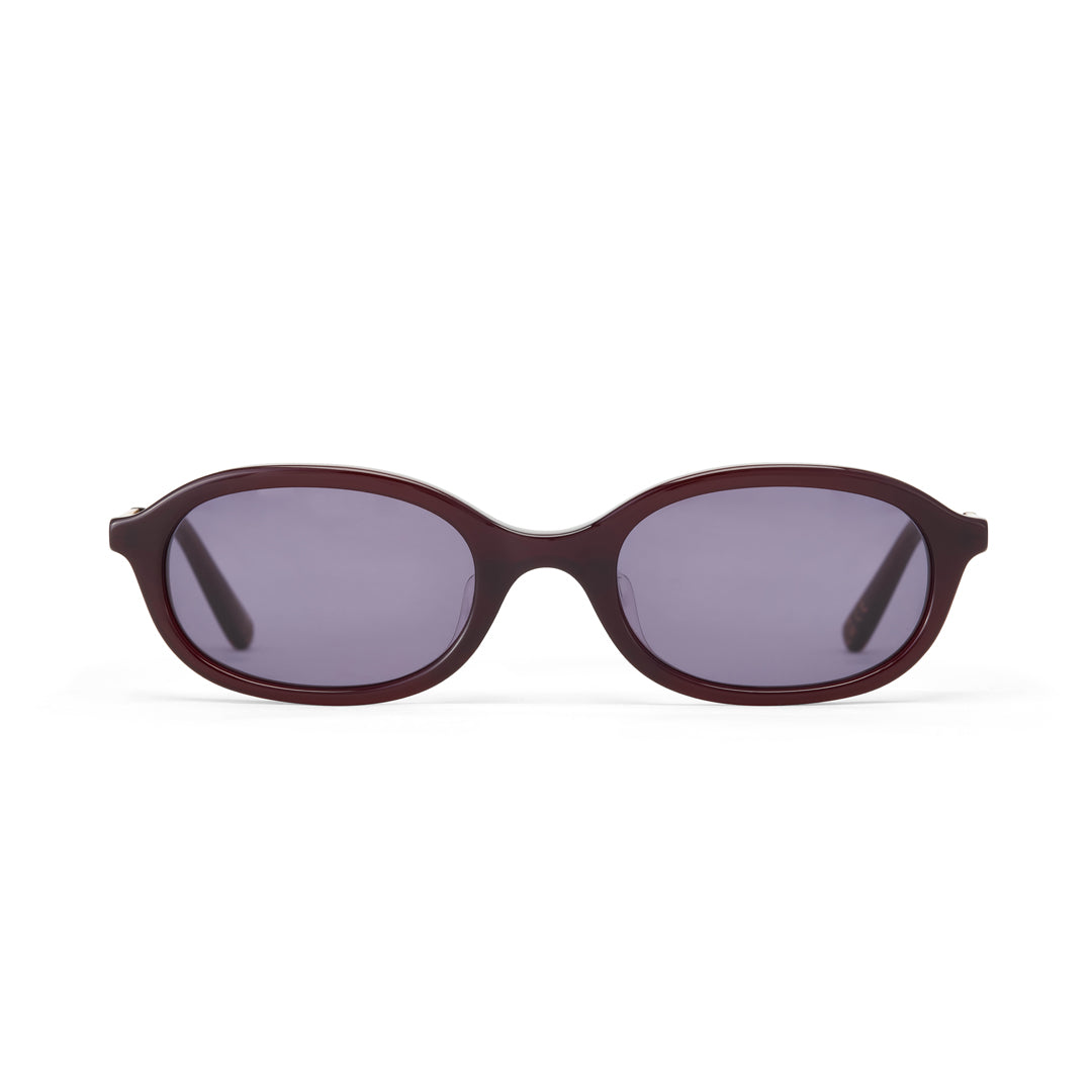 Sunglasses with a dark cherry frame and dark smoke lenses on a white background
