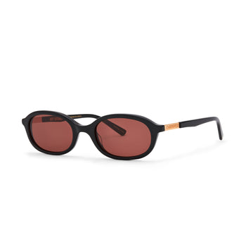 Sunglasses with black frame and brown lenses on a white background