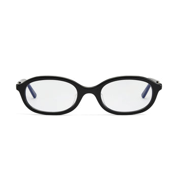 A pair of glossy black, oval-shaped eyeglasses with clear lenses and integrated alloy hinges.