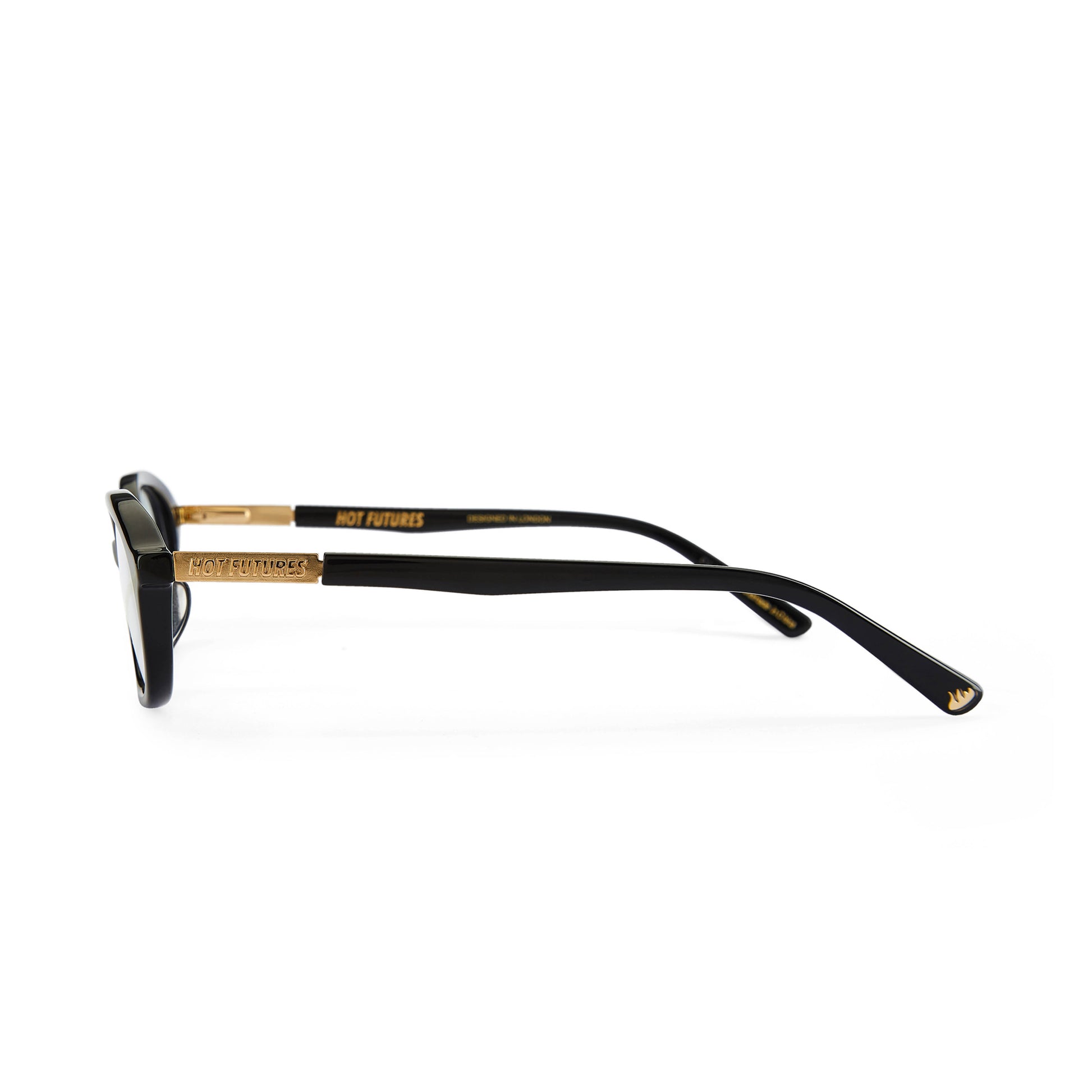 side shot of the cupid black optical glasses with the gold hot futures branding on the arms