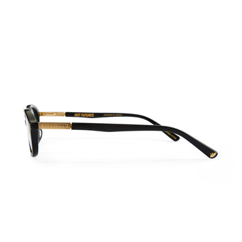 side shot of the cupid black optical glasses with the gold hot futures branding on the arms